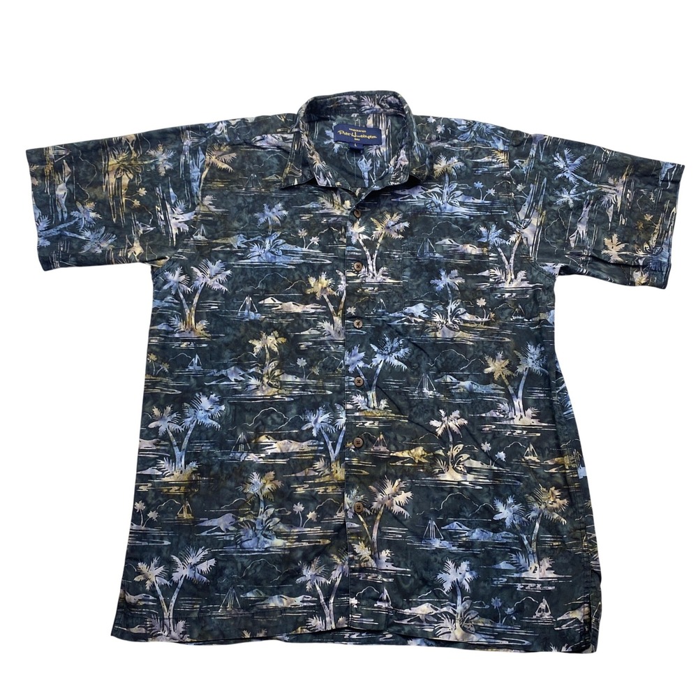 Pete Huntington Bali Mens Sz L Blue Batik Tropical Palm Tree Cotton Button Shirt
